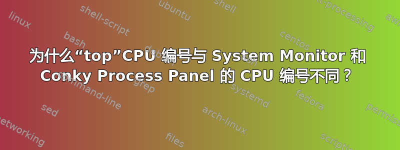 为什么“top”CPU 编号与 System Monitor 和 Conky Process Panel 的 CPU 编号不同？