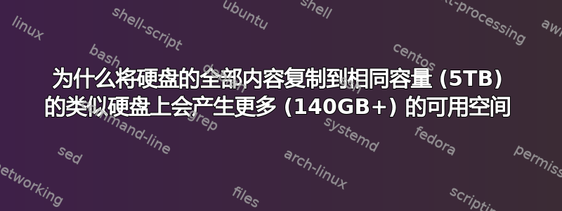 为什么将硬盘的全部内容复制到相同容量 (5TB) 的类似硬盘上会产生更多 (140GB+) 的可用空间