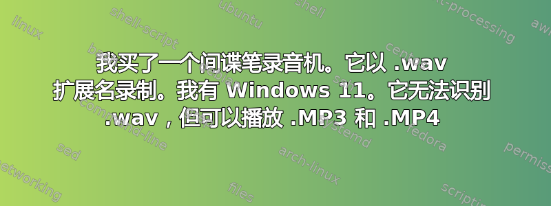 我买了一个间谍笔录音机。它以 .wav 扩展名录制。我有 Windows 11。它无法识别 .wav，但可以播放 .MP3 和 .MP4