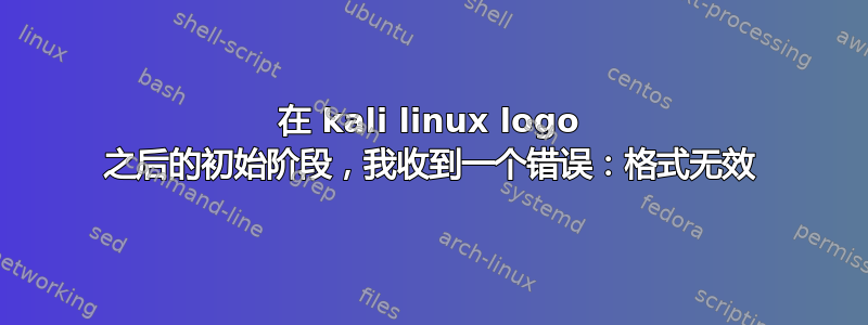 在 kali linux logo 之后的初始阶段，我收到一个错误：格式无效