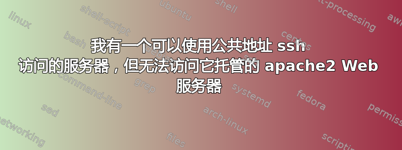 我有一个可以使用公共地址 ssh 访问的服务器，但无法访问它托管的 apache2 Web 服务器