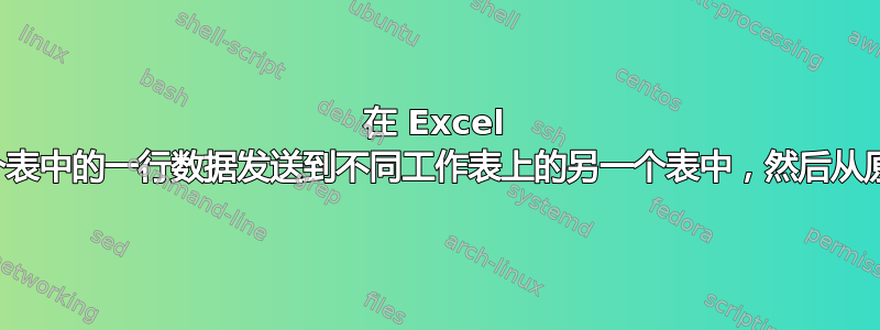 在 Excel 中，如何将一个表中的一行数据发送到不同工作表上的另一个表中，然后从原始表中删除？