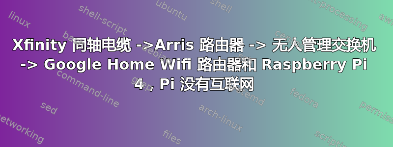 Xfinity 同轴电缆 ->Arris 路由器 -> 无人管理交换机 -> Google Home Wifi 路由器和 Raspberry Pi 4，Pi 没有互联网