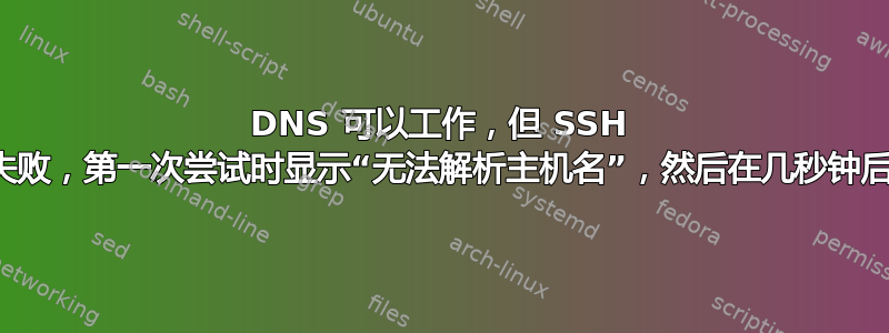 DNS 可以工作，但 SSH 连接仍然失败，第一次尝试时显示“无法解析主机名”，然后在几秒钟后开始工作