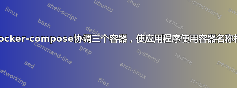 如何使用docker-compose协调三个容器，使应用程序使用容器名称相互通信？