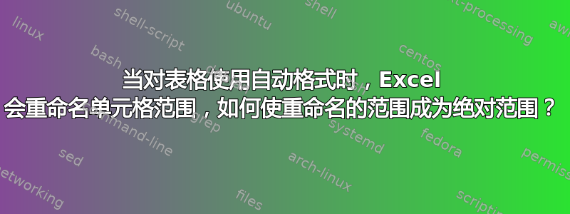 当对表格使用自动格式时，Excel 会重命名单元格范围，如何使重命名的范围成为绝对范围？