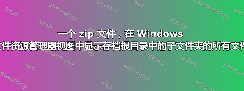 一个 zip 文件，在 Windows 文件资源管理器视图中显示存档根目录中的子文件夹的所有文件