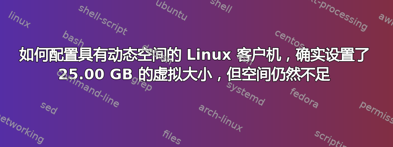 如何配置具有动态空间的 Linux 客户机，确实设置了 25.00 GB 的虚拟大小，但空间仍然不足