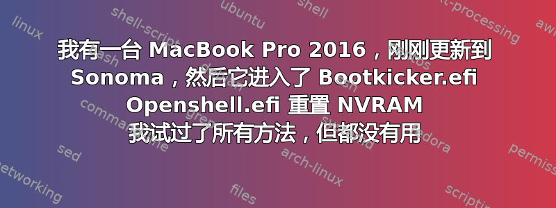 我有一台 MacBook Pro 2016，刚刚更新到 Sonoma，然后它进入了 Bootkicker.efi Openshell.efi 重置 NVRAM 我试过了所有方法，但都没有用