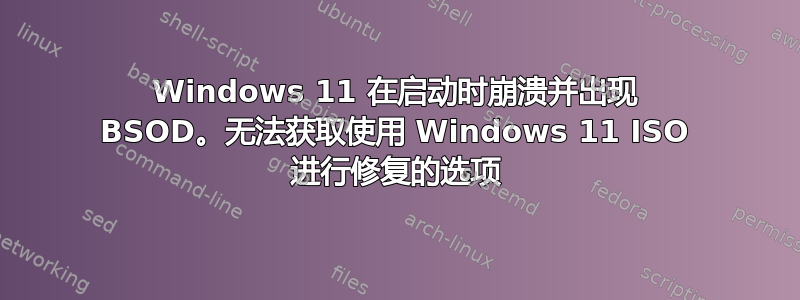 Windows 11 在启动时崩溃并出现 BSOD。无法获取使用 Windows 11 ISO 进行修复的选项