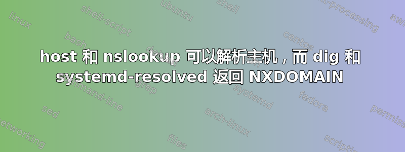 host 和 nslookup 可以解析主机，而 dig 和 systemd-resolved 返回 NXDOMAIN