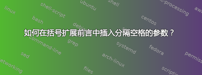 如何在括号扩展前言中插入分隔空格的参数？