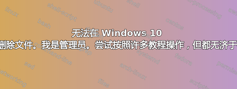 无法在 Windows 10 上删除文件。我是管理员。尝试按照许多教程操作，但都无济于事