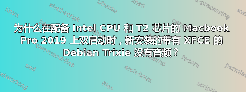 为什么在配备 Intel CPU 和 T2 芯片的 Macbook Pro 2019 上双启动时，新安装的带有 XFCE 的 Debian Trixie 没有音频？