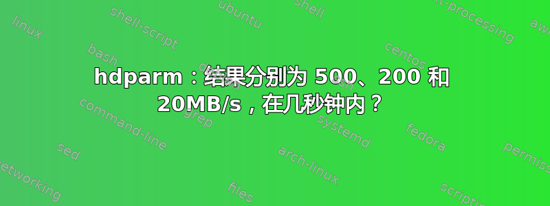 hdparm：结果分别为 500、200 和 20MB/s，在几秒钟内？