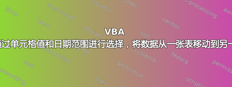 VBA 代码通过单元格值和日期范围进行选择，将数据从一张表移动到另一张表