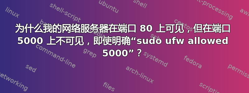 为什么我的网络服务器在端口 80 上可见，但在端口 5000 上不可见，即使明确“sudo ufw allowed 5000”？