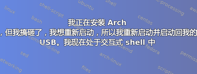 我正在安装 Arch Linux，但我搞砸了，我想重新启动，所以我重新启动并启动回我的可启动 USB。我现在处于交互式 shell 中