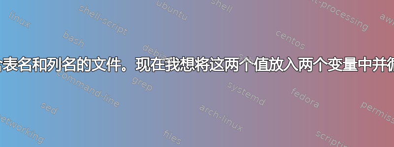 其中包含表名和列名的文件。现在我想将这两个值放入两个变量中并循环它们