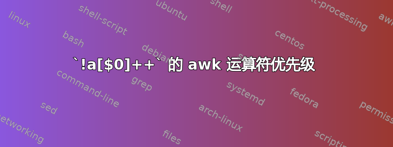 `!a[$0]++` 的 awk 运算符优先级