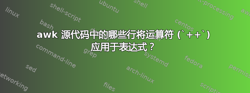 awk 源代码中的哪些行将运算符 (`++`) 应用于表达式？