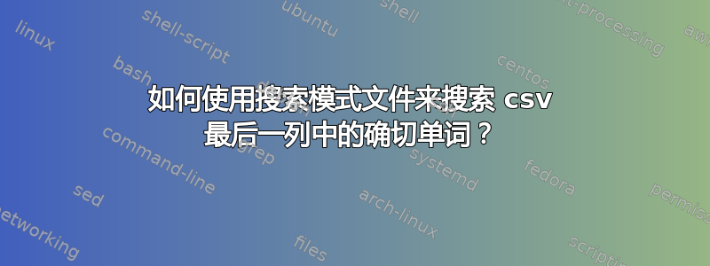 如何使用搜索模式文件来搜索 csv 最后一列中的确切单词？