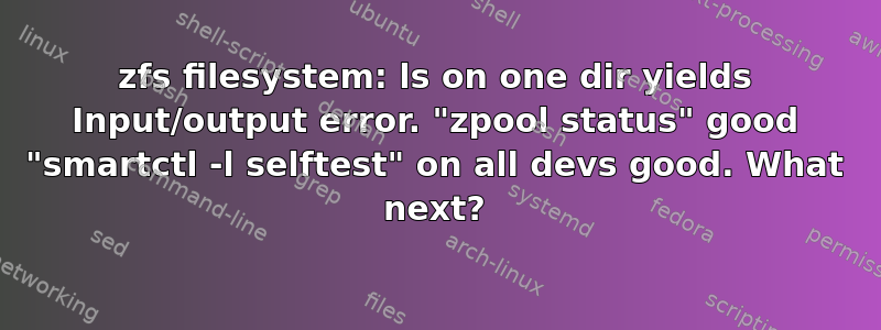 zfs filesystem: ls on one dir yields Input/output error. "zpool status" good "smartctl -l selftest" on all devs good. What next?