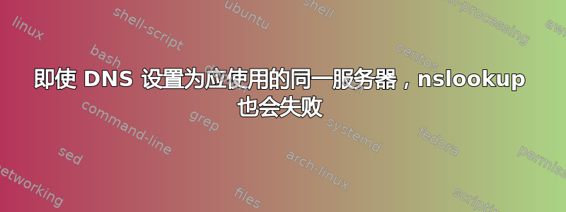 即使 DNS 设置为应使用的同一服务器，nslookup 也会失败