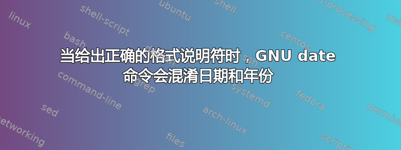 当给出正确的格式说明符时，GNU date 命令会混淆日期和年份