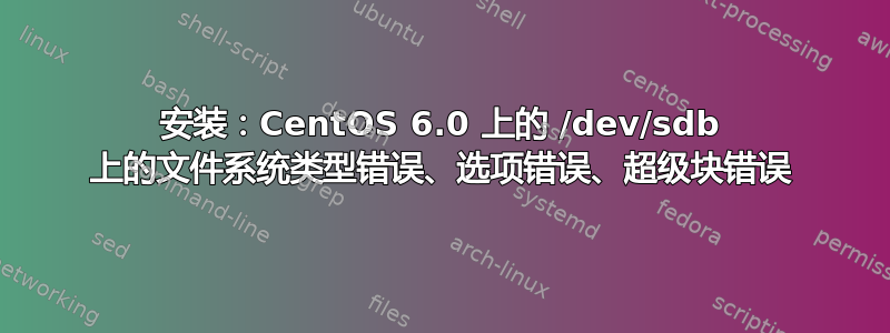 安装：CentOS 6.0 上的 /dev/sdb 上的文件系统类型错误、选项错误、超级块错误