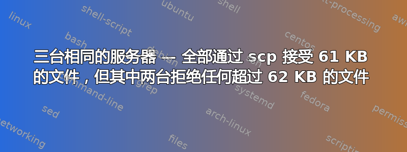 三台相同的服务器 — 全部通过 scp 接受 61 KB 的文件，但其中两台拒绝任何超过 62 KB 的文件