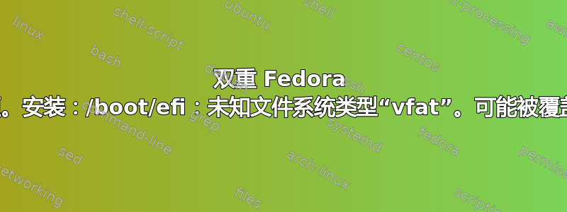 双重 Fedora 安装问题。安装：/boot/efi：未知文件系统类型“vfat”。可能被覆盖的安装