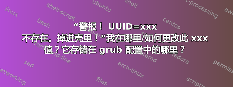 “警报！ UUID=xxx 不存在。掉进壳里！”我在哪里/如何更改此 xxx 值？它存储在 grub 配置中的哪里？