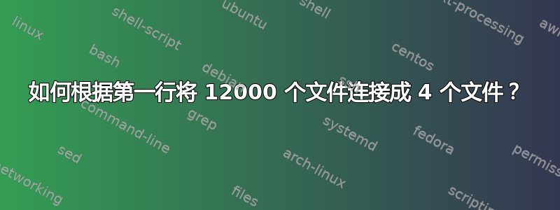 如何根据第一行将 12000 个文件连接成 4 个文件？