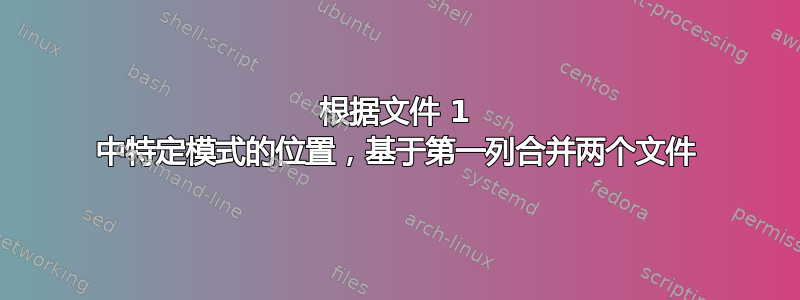 根据文件 1 中特定模式的位置，基于第一列合并两个文件