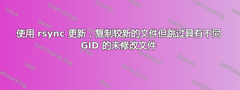 使用 rsync 更新，复制较新的文件但跳过具有不同 GID 的未修改文件