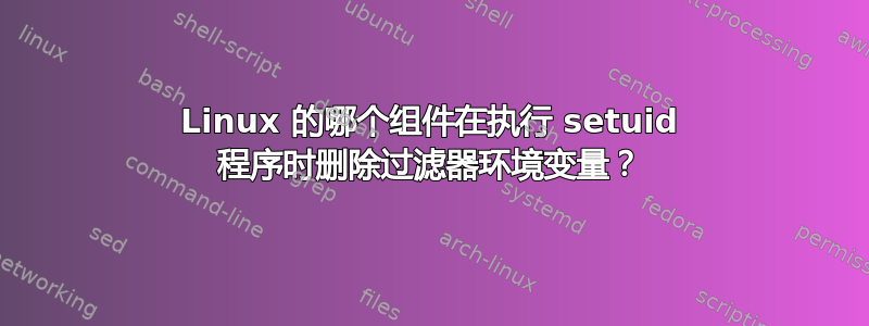 Linux 的哪个组件在执行 setuid 程序时删除过滤器环境变量？