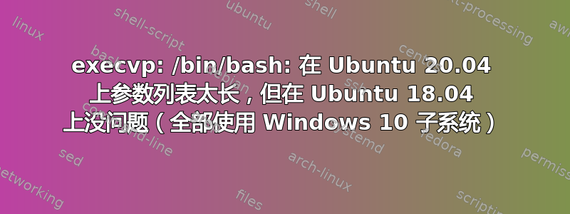 execvp: /bin/bash: 在 Ubuntu 20.04 上参数列表太长，但在 Ubuntu 18.04 上没问题（全部使用 Windows 10 子系统）