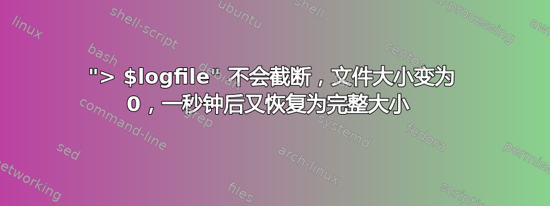 "> $logfile" 不会截断，文件大小变为 0，一秒钟后又恢复为完整大小 