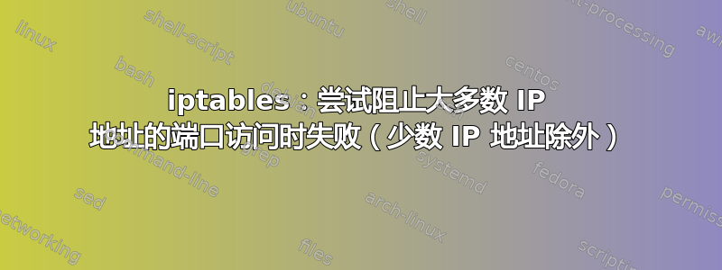 iptables：尝试阻止大多数 IP 地址的端口访问时失败（少数 IP 地址除外）