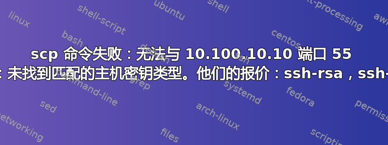 scp 命令失败：无法与 10.100.10.10 端口 55 协商：未找到匹配的主机密钥类型。他们的报价：ssh-rsa，ssh-dss