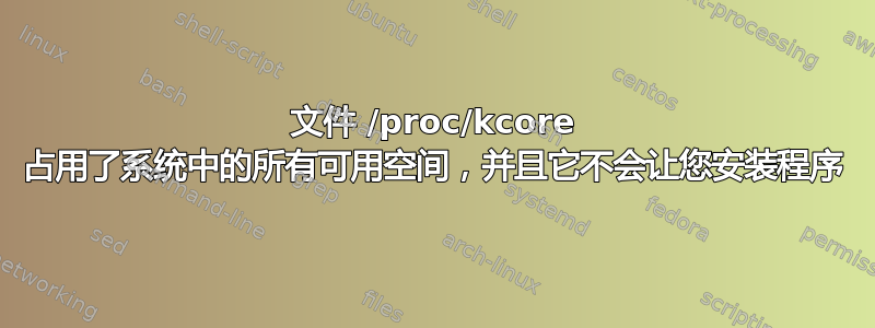 文件 /proc/kcore 占用了系统中的所有可用空间，并且它不会让您安装程序