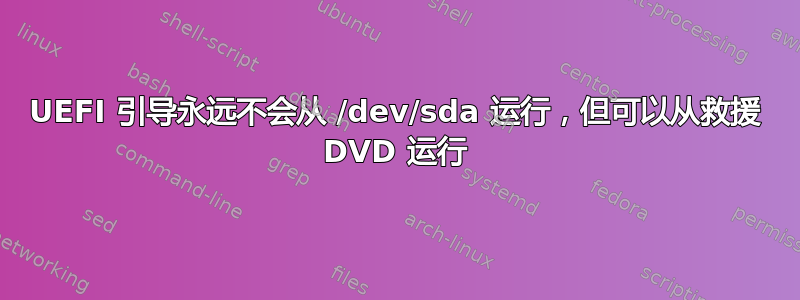 UEFI 引导永远不会从 /dev/sda 运行，但可以从救援 DVD 运行