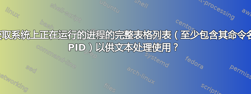 如何获取系统上正在运行的进程的完整表格列表（至少包含其命令名称和 PID）以供文本处理使用？