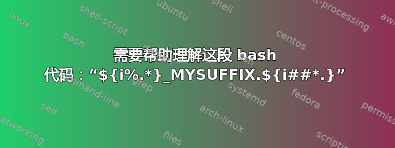 需要帮助理解这段 bash 代码：“${i%.*}_MYSUFFIX.${i##*.}”