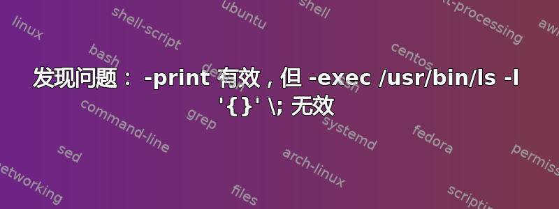 发现问题： -print 有效，但 -exec /usr/bin/ls -l '{}' \; 无效