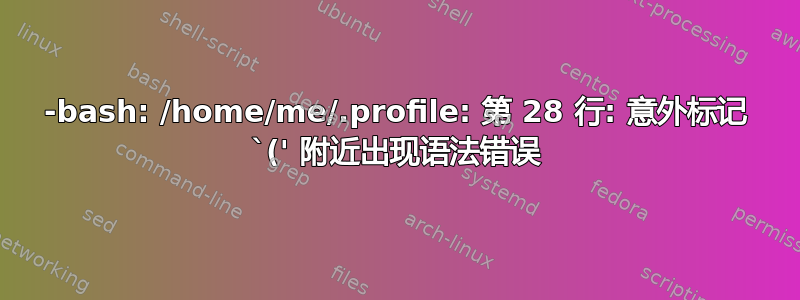 -bash: /home/me/.profile: 第 28 行: 意外标记 `(' 附近出现语法错误