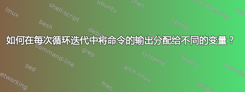 如何在每次循环迭代中将命令的输出分配给不同的变量？