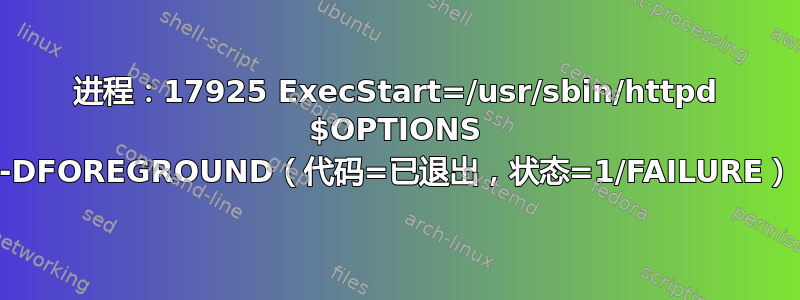 进程：17925 ExecStart=/usr/sbin/httpd $OPTIONS -DFOREGROUND（代码=已退出，状态=1/FAILURE）