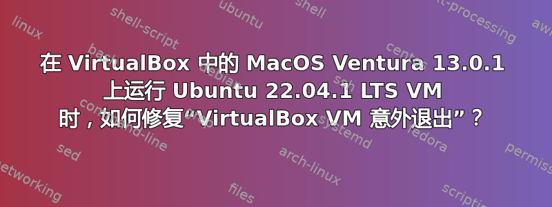 在 VirtualBox 中的 MacOS Ventura 13.0.1 上运行 Ubuntu 22.04.1 LTS VM 时，如何修复“VirtualBox VM 意外退出”？